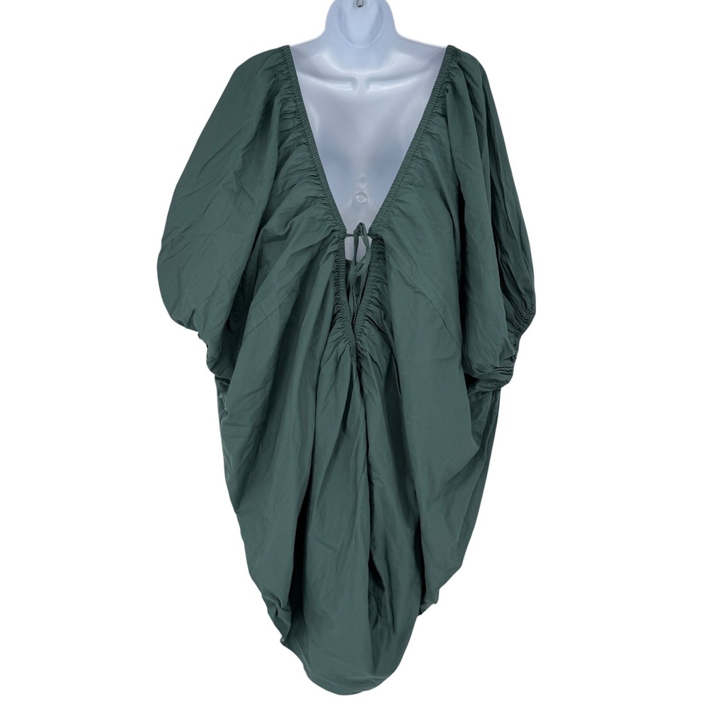 Free-est Free People XS Green Cotton‎ Balloon Sleeve Deep V Back Mini Dress - Picture 2 of 7